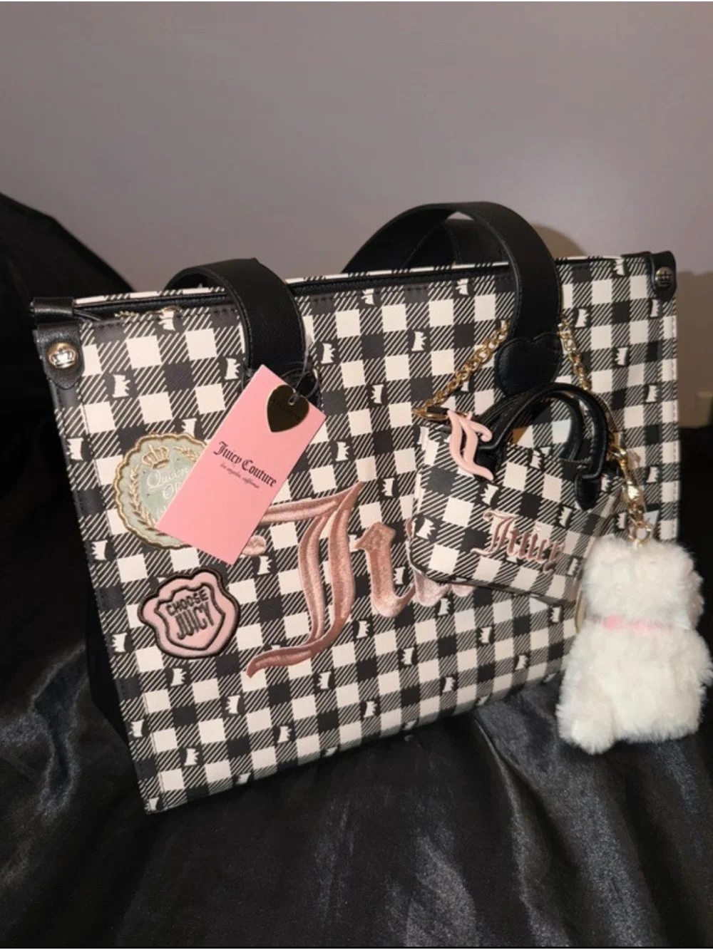Juicy Couture Black & White Plaid Tote with Pink Accents and Pom Charm